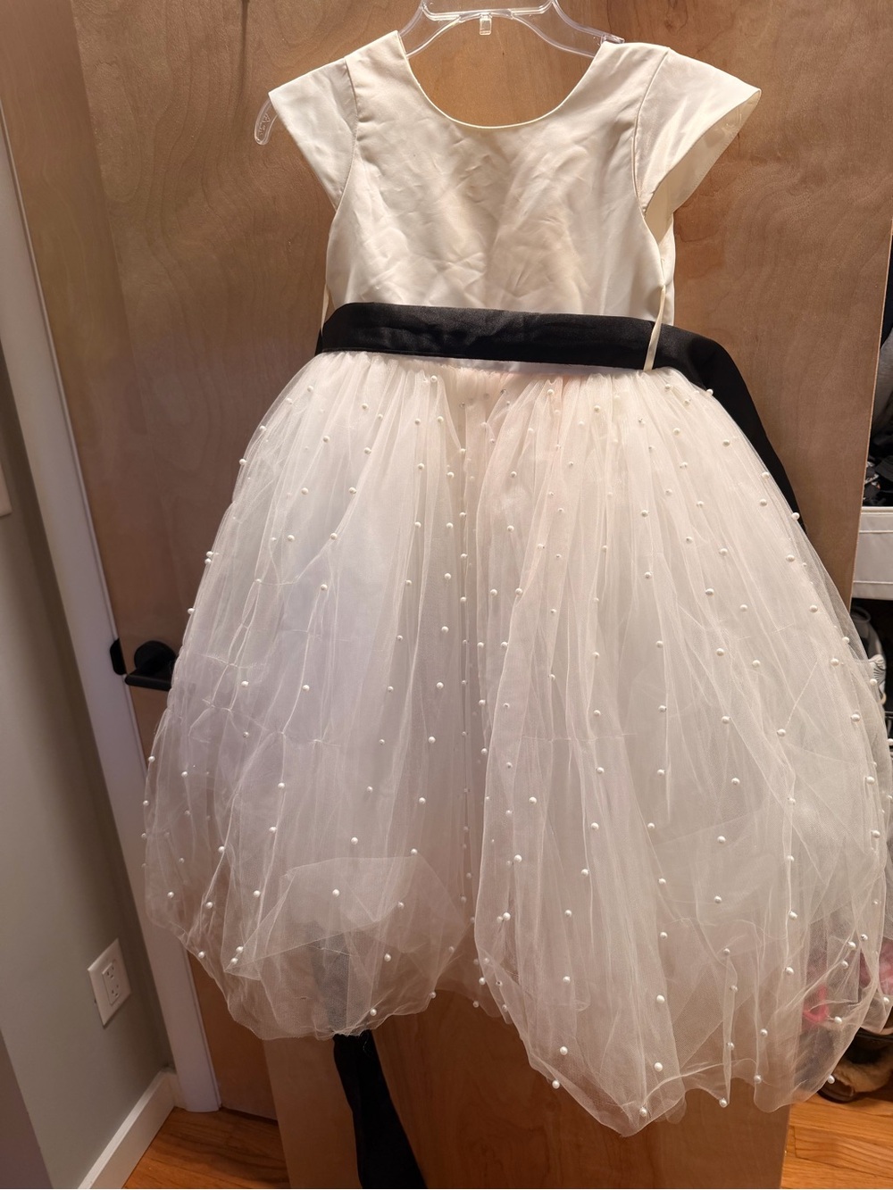 Girls White Pearl Dot Tulle Party Dress with Black Sash